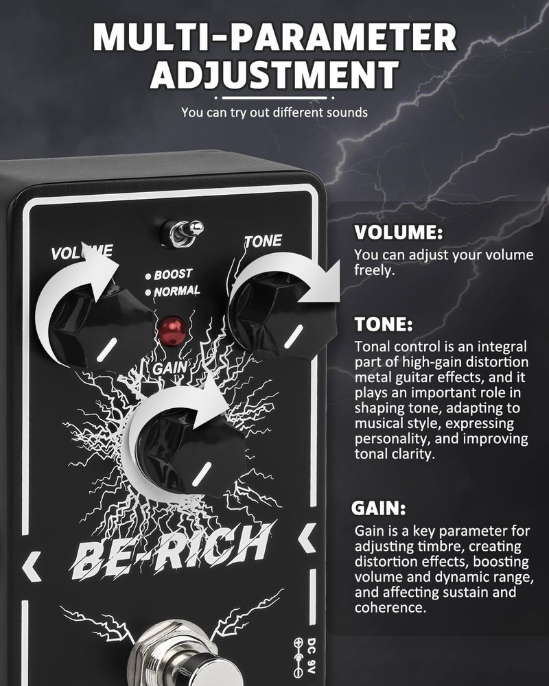 STRICH BE-RICH Tube Overdrive Distortion Pedal for Electric Guitar, Compact and Mini Design, True Bypass, 3 Control Knobs, Volume, Tone, Gain, Dual Modes, Boost, Normal, 9V DC, Black - Image 5